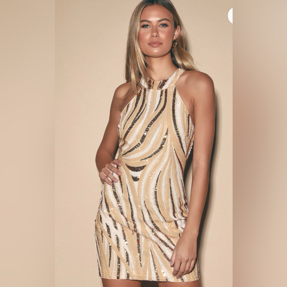 NWT Lulu’s Rayon Beige Multi Sequin Halter Bodycon Mini women’s Dress size S